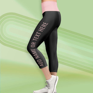Modern Colour Block Custom Text - Black Blush Pink Capri Leggings