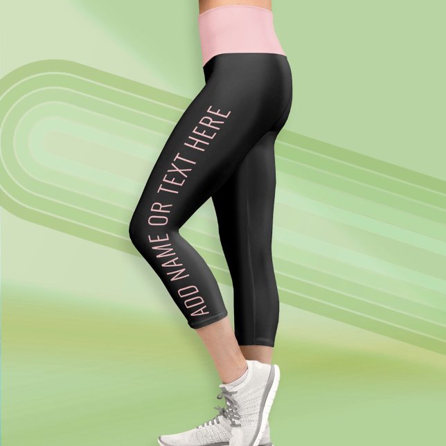 Modern Colour Block Custom Text - Black Blush Pink Capri Leggings (Custom Leggings)