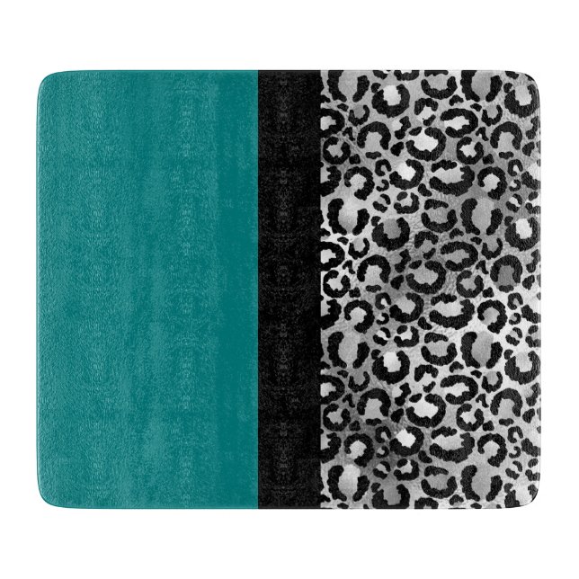Modern Colour Block Leopard Print Teal Silver Blac Cutting Board (Front)