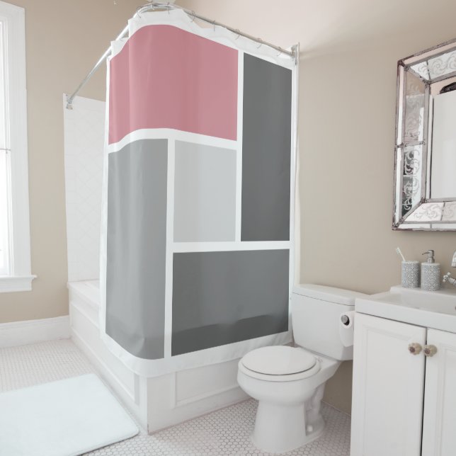 Modern Colour Block Mosaic Dusty Pink Grey White Shower Curtain (In Situ)