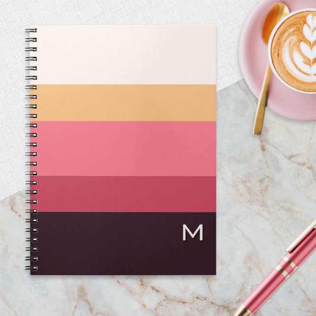 Modern Colour Block Pink Cream Monogram Notebook (A spiral-bound, monogrammed notebook with color block stripes in elegant pink, burgundy and cream)