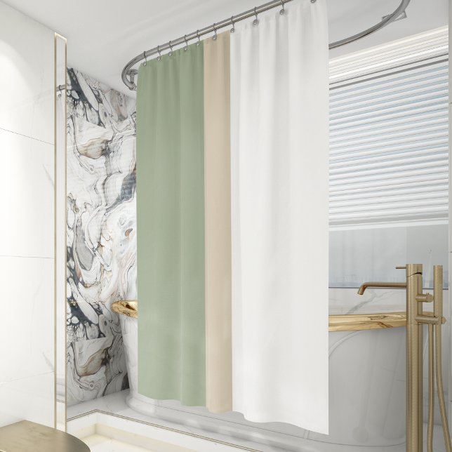 Modern Colour Block Sage Green Beige White Shower Curtain (Creator Uploaded)