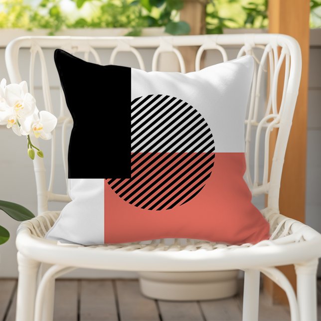 Modern Colour Block Striped Circle Coral Black Cushion (Creator Uploaded)