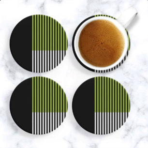 Modern Colour Block Striped Lime Green Black White Coaster