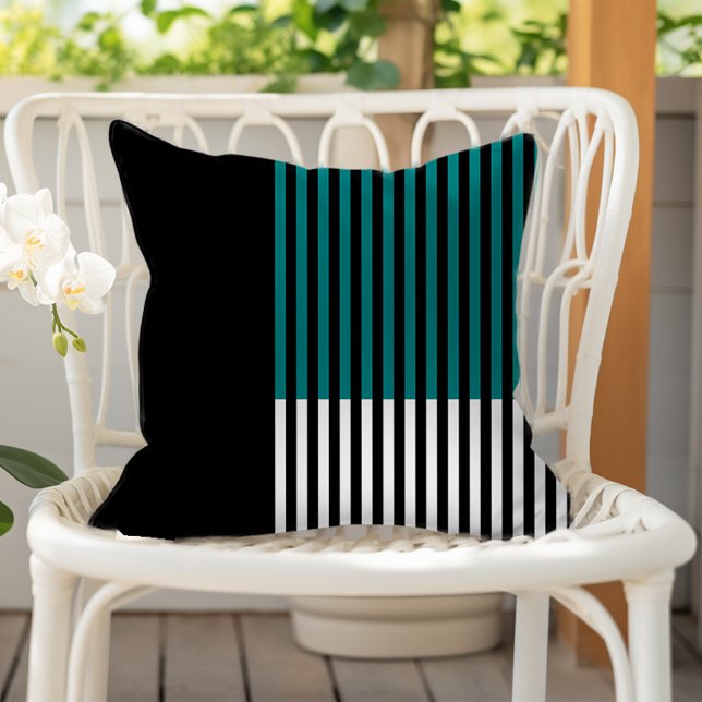 Modern Colour Block Striped Teal Black White Cushion (Creator Uploaded)