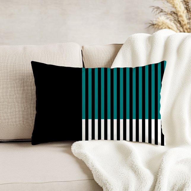 Modern Colour Block Striped Teal Black White Decorative Cushion (Creator Uploaded)