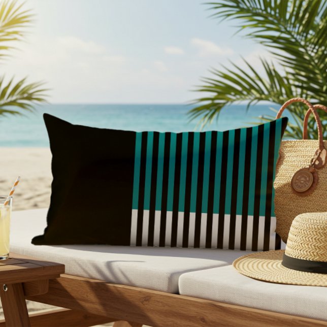 Modern Colour Block Striped Teal Black White Lumbar Cushion (Creator Uploaded)
