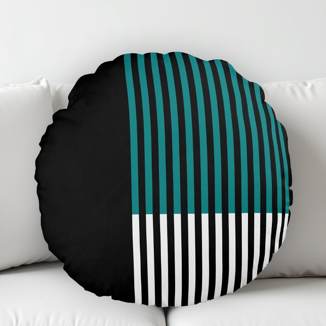 Modern Colour Block Striped Teal Black White Round Cushion (Creator Uploaded)