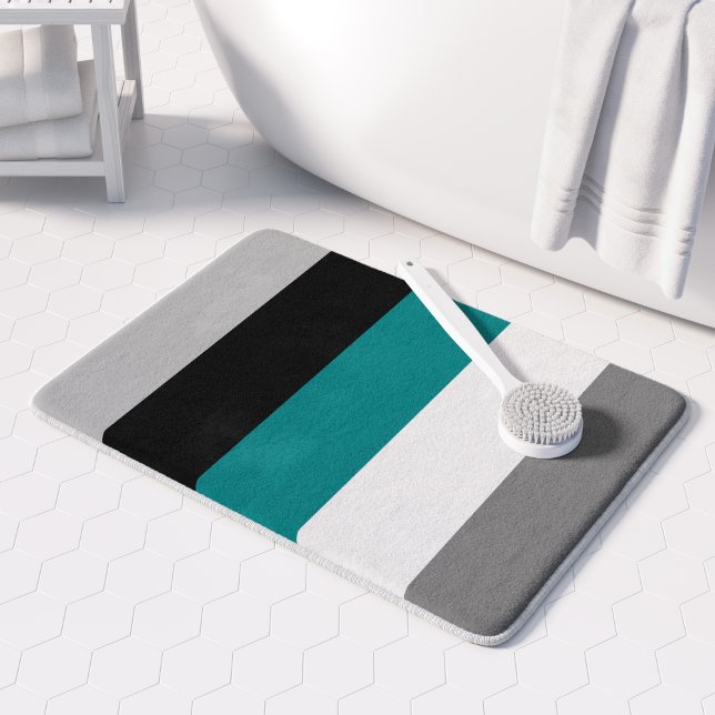 Modern Colour Block Stripes Teal Blue Grey Black Bath Mat (Creator Uploaded)