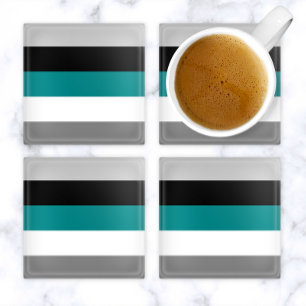 Modern Colour Block Stripes Teal Grey Black White Glass Coaster