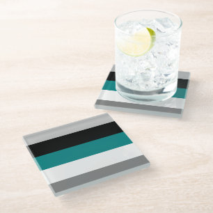 Modern Colour Block Stripes Teal Grey Black White Glass Coaster