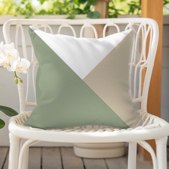 Modern Colour Block Triangles Sage Green Beige Cushion (Creator Uploaded)