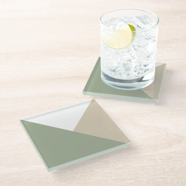 Modern Colour Block Triangles Sage Green Beige Glass Coaster (Angled)