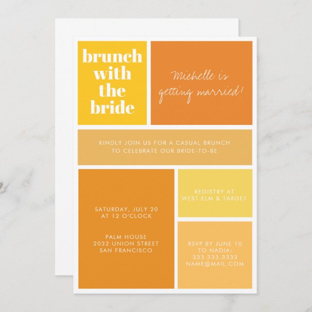Modern Colour Block Yellow Orange Bridal Shower Invitation (Front/Back)