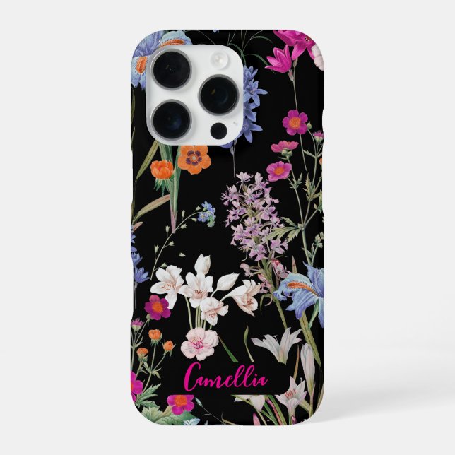 Modern Colour Botanical Floral Pattern Black Custo iPhone Case (Back)