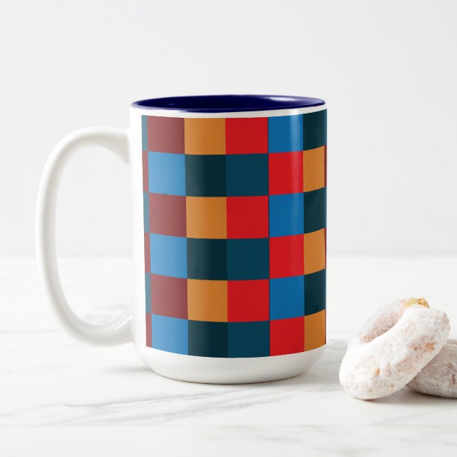 Modern Colour Chequered Chequerboard Two-Tone Coffee Mug (With Donut)