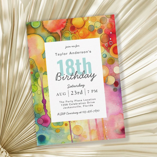 Modern Colourful Abstract 18th Birthday Party Invitation (Available as printed and paperless digital download!)