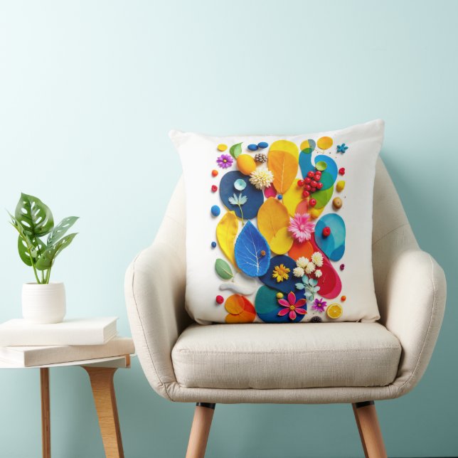Modern Colourful Abstract Botanical Flat Lay Cushion (Chair)
