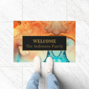 Modern Colourful Abstract Marbled Welcome  Doormat