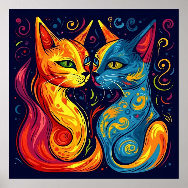 Modern Colourful Abstract Whimsical Fantasy Cat Poster (Front)