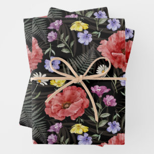 Modern Colourful & Black Wildflower Pattern Wrapping Paper Sheet
