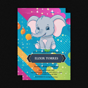 Modern Colourful Blue Elephant Baby Shower Invitation