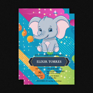 Modern Colourful Blue Elephant Baby Shower Invitation
