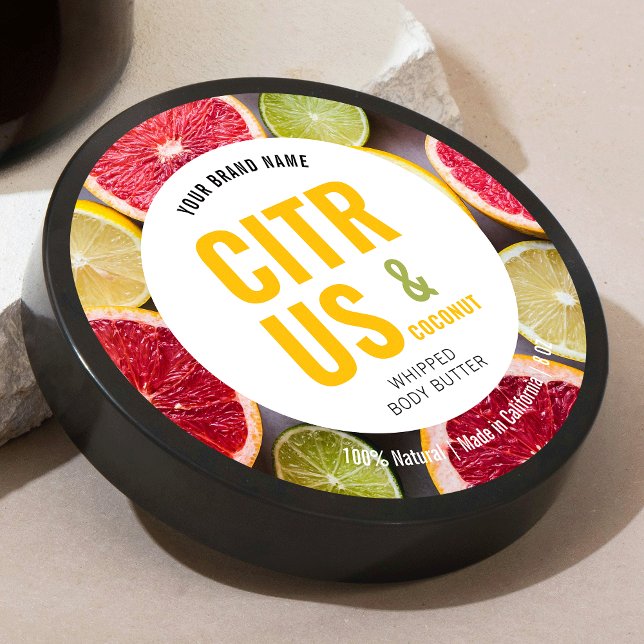 Modern Colourful Body Butter Scrub Product Label (Round product label with bold type in bright colors with custom photo background)