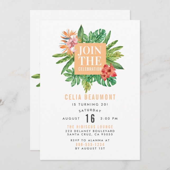 Modern Colourful Botanical Tropical Birthday Party Invitation (Front/Back)
