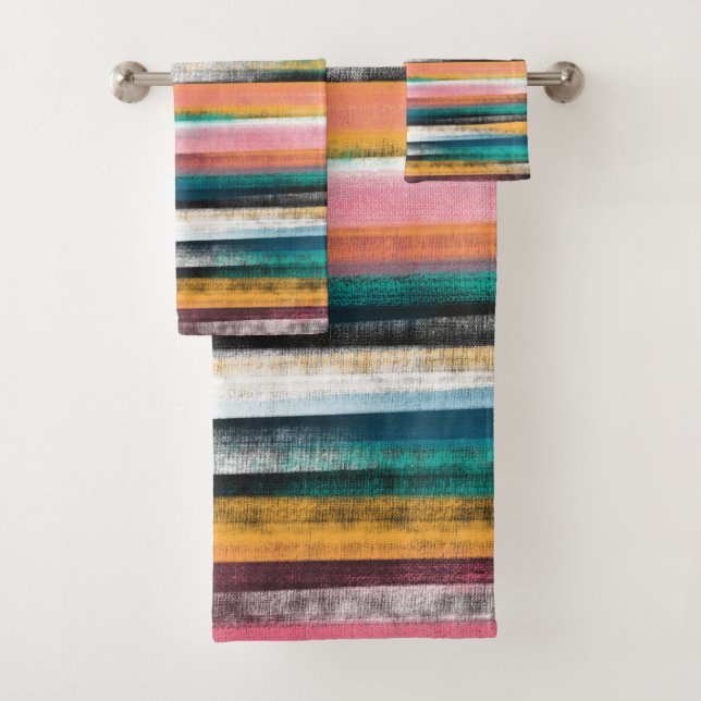 Modern Colourful Brush Strokes Stripes Oil Paint Bath Towel Set (Insitu)