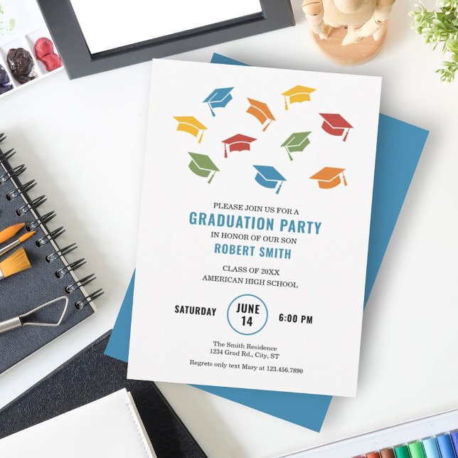 Modern Colourful Caps Graduation Invitation (Creator Uploaded)