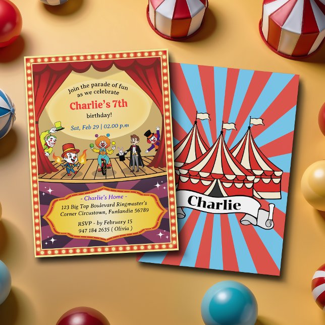 Modern Colourful Cartoon Circus Birthday Invitatio Invitation (Creator Uploaded)