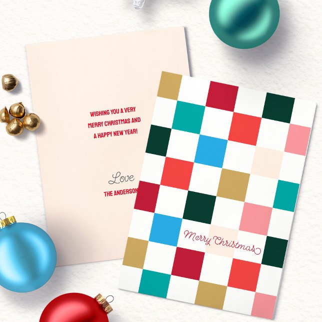 Modern Colourful Chequerboard Christmas Card (Colorful checkerboard christmas holiday flat card with message on back)