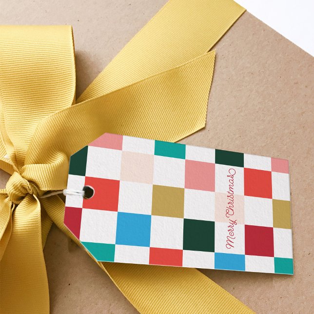 Modern Colourful Chequerboard Christmas Holiday Gift Tags (Modern Colourful Checkerboard Merry Christmas Holiday Gift Tag.)