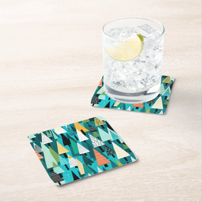 Modern colourful Christmas tree pattern  Square Paper Coaster (Insitu)