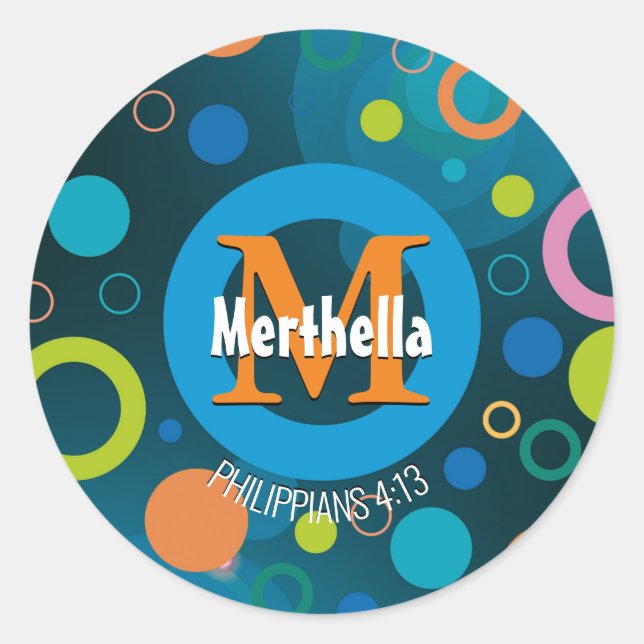 Modern Colourful Circles Monogram Customised BLUE Classic Round Sticker (Front)