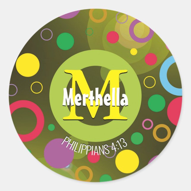 Modern Colourful Circles Monogram Customised GREEN Classic Round Sticker (Front)