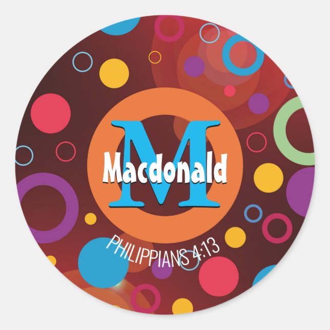 Modern Colourful Circles Monogram Customised ORANG Classic Round Sticker (Front)