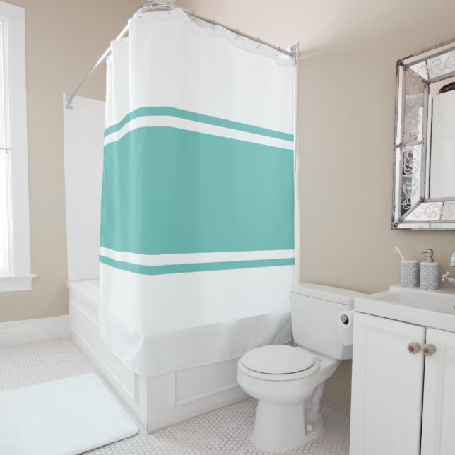 Modern Colourful Classy Light Teal Racing Stripes Shower Curtain (In Situ)