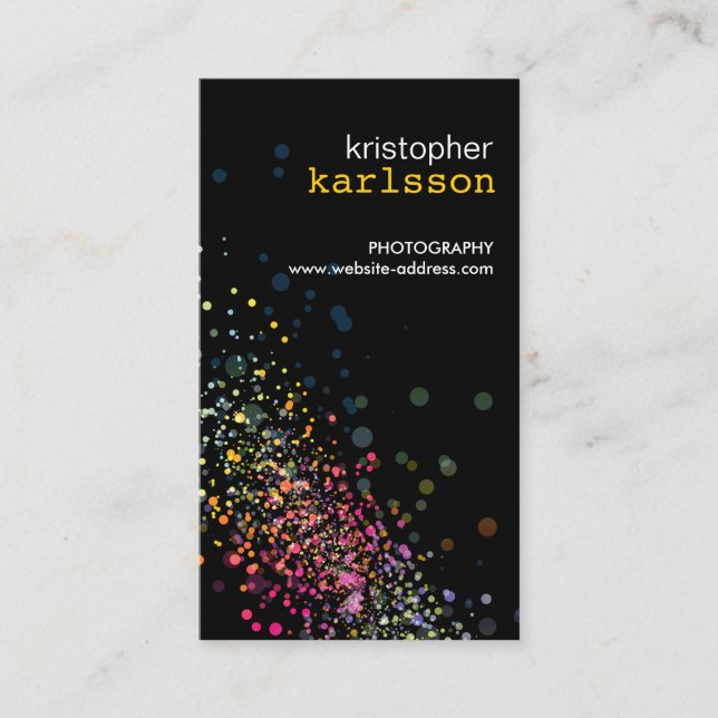 Modern Colourful Confetti Bokeh Black Vertical Business Card (Front)