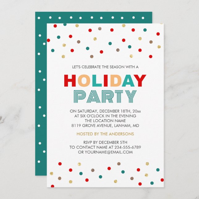 Modern Colourful Confetti Dots Holiday Party Invitation (Front/Back)