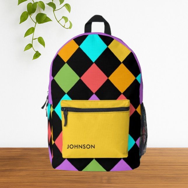 Modern Colourful Diamond Geometric Pattern Printed Backpack (colorful vibrant fun diamond pattern backpack)