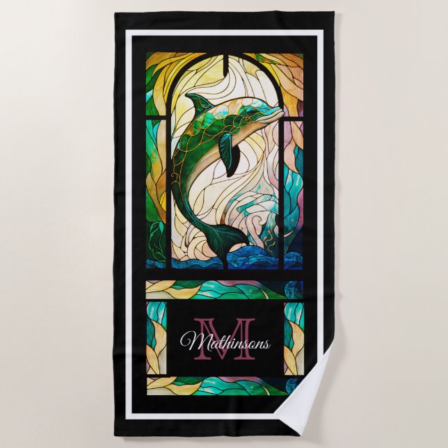 Modern Colourful Dolphins Ocean Stained Glass Look Beach Towel (Front)