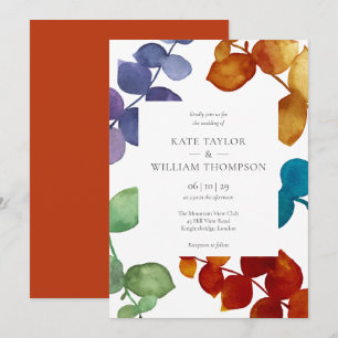 Modern Colourful Eucalyptus Leaves Floral Wedding Invitation