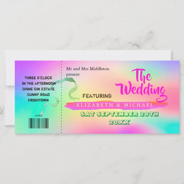 Modern Colourful Festival Pink Rainbow Wedding  (Front)