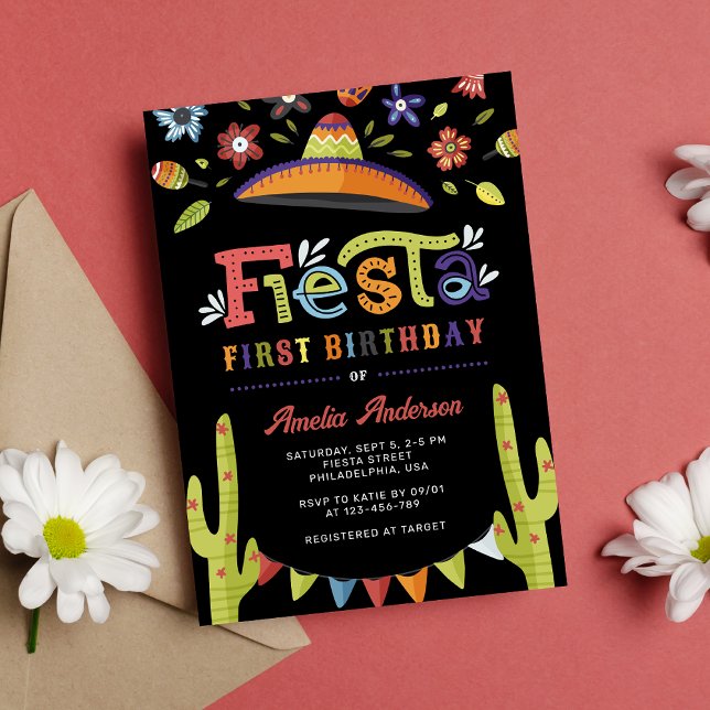 Modern Colourful Fiesta Mexican Black 1st Birthday Invitation (Creator Uploaded)