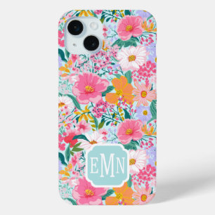 Modern Colourful Floral Garden Monogrammed iPhone 15 Mini Case