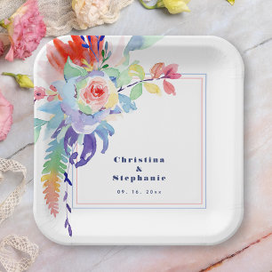 Modern Colourful Floral LGBTQ Wedding Paper Plate