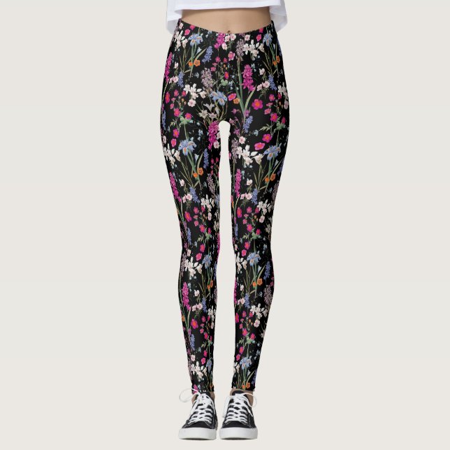 Modern Colourful Floral Pattern Black Background Leggings (Front)