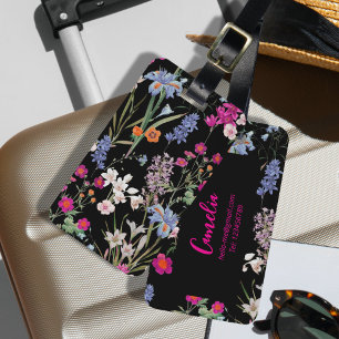 Modern Colourful Floral Pattern Black Custom Name Luggage Tag